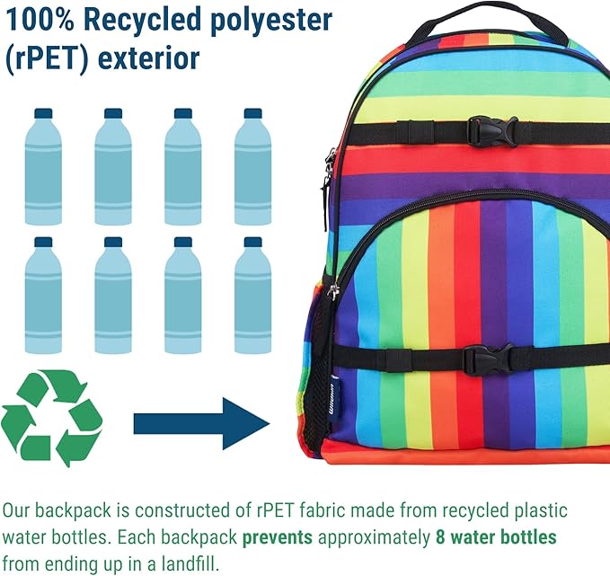 Wildkin ECO rPET 17-inch Large Backpack – Sustainable, Padded, Adjustable – Rainbow Stripe