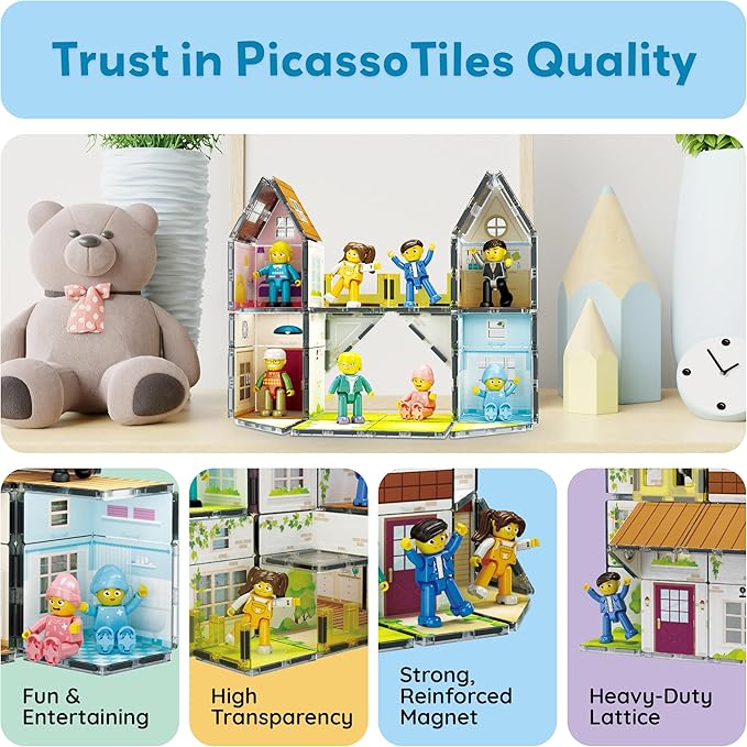 PicassoTiles Magnet Tile Building Block Family Homestead Doll House Theme Playset 8 Character Action Figures Double Sided Magnetic Tiles Printing STEM Education Learning Kit Toy Set Kids Ages 3+ PTQ06