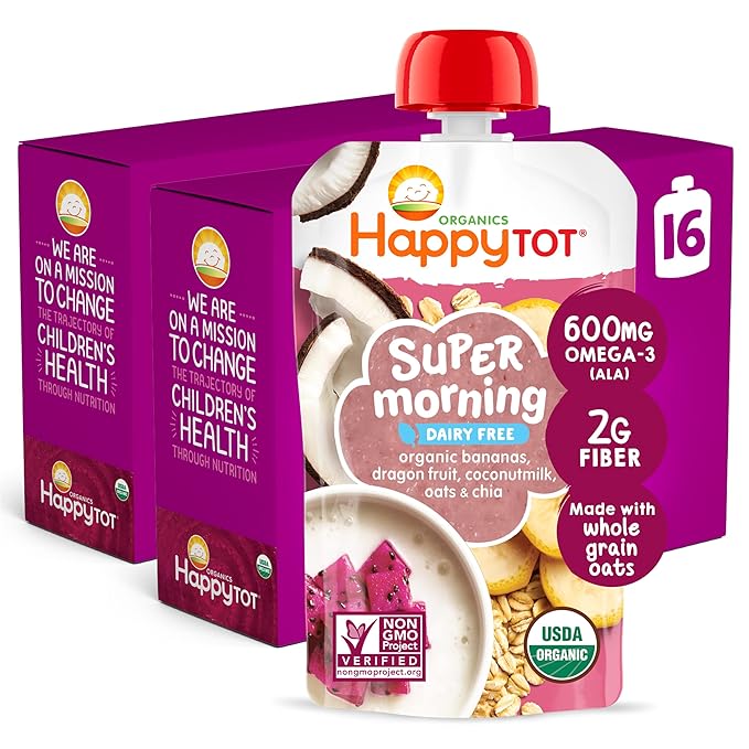 HAPPYTOT Organics Stage 4 Baby Food Pouches, Gluten Free, Vegan & Dairy Free Snack, Super Morning Fruit & Oat Blend, Bananas, Dragon Fruit, Coconutmilk, Oats & Chia, 4 Oz (Pack of 16)