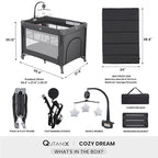 2-in-1 Pack and Play with Mattress,Baby Bassinet Bedside Sleeper, Bedside Bassinet & Baby Playpen, Easy Folding Portable Crib for Newborn to Toddlers (Dark Grey)