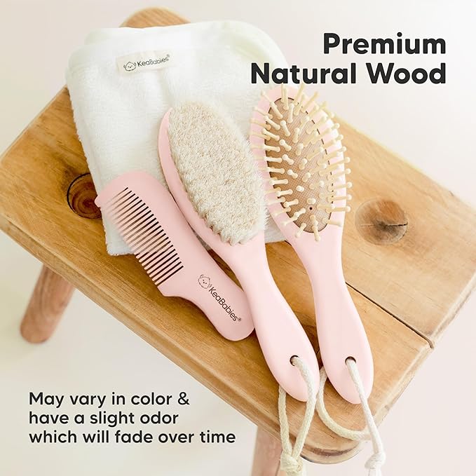 Wooden Baby Hair Brush - Cradle Cap Baby Brush with Soft Goat Bristles, Perfect Gentle Scalp Newborn Comb for Infant, Girls, Boys, Bath Essentials (Blush, Oval)