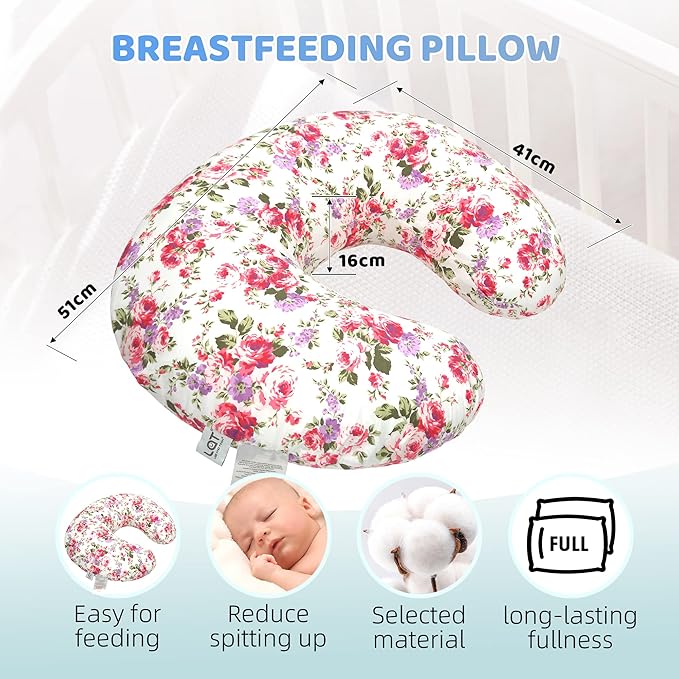 LAT Nursing Pillow for Breastfeeding,100% Cotton Removable Cover,Ergonomic Breast Feeding Pillows for Mom and Baby,Machine Washable(Flower)