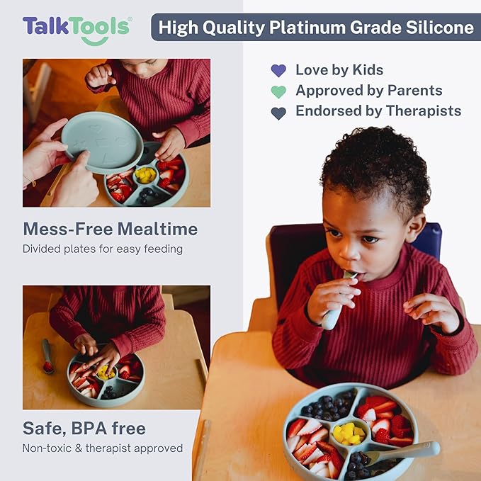 TalkTools Bitsy Silicone Baby Suction Plate with Locking Lid – Divided Plate for Toddlers Learning to Self-Feed – Non-Slip, BPA-Free, Microwave + Dishwasher Safe Baby Mealtime Plate (Sage)