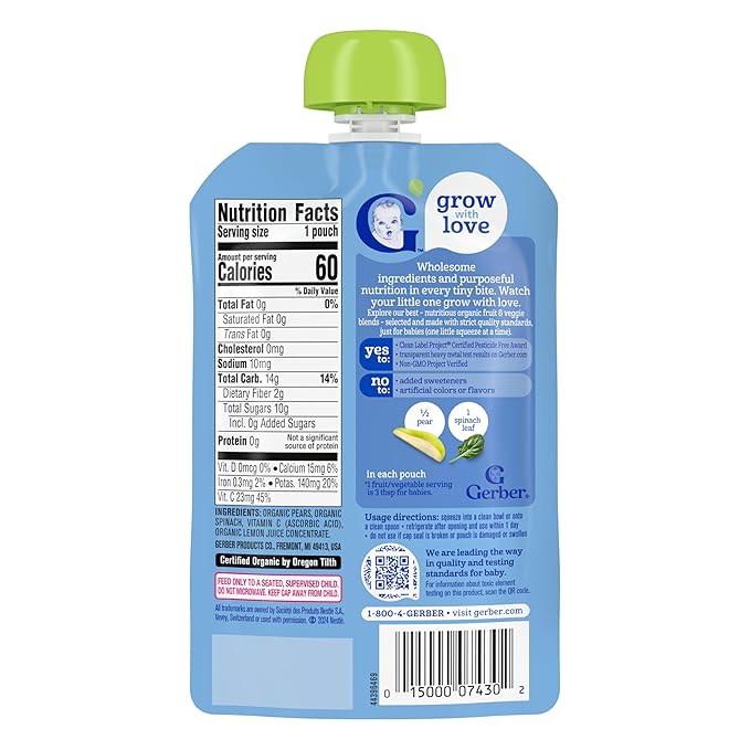 Gerber Stage 2 Baby Food, Organic Pear Spinach Puree Pouch, 2 Servings of Fruit and Veggie, No Added Sweetener, No Artificial Colors or Flavors, 12-Pack