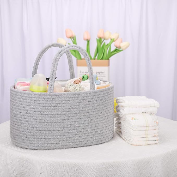 COMSE Large Baby Diaper Caddy Organizer for Girl Boy, Car Caddy with Handles, Cotton Rope Basket for Changing Table, Nursery Organizer, Gift for Baby Shower and Registry Must Have, Cool Gray