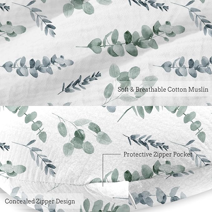 Little Grape Land Nursing Pillow, Soft 100% Cotton Breastfeeding Pillow with Breathable Muslin Removable Cover, Green Leaves Breast Feeding Pillows for Babies 0-12 Months with Protective Zipper
