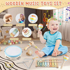 Baby Musical Instruments Set Montessori Wooden Music Toys for Toddlers 1 2 3 Neutral Color Percussion Music Kit with Drum, Xylophone,Storage Bag, Birthday Preschool Learning Gift for Boys Girls