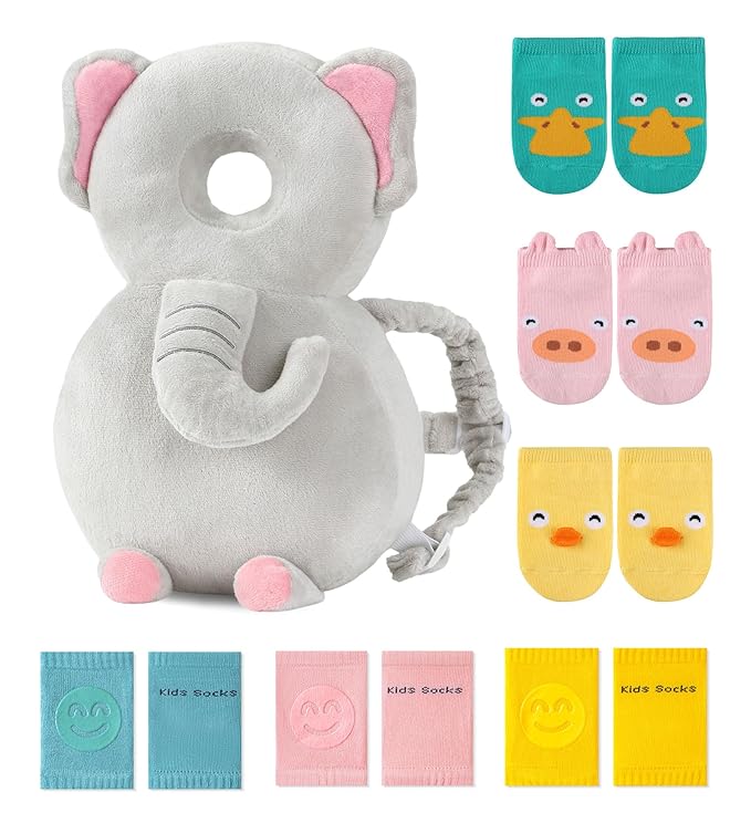JunNeng Toddler Baby Head Protector Backpack for Toddler Walker with Knee Pads&Anti-Slip Socks, Elephant