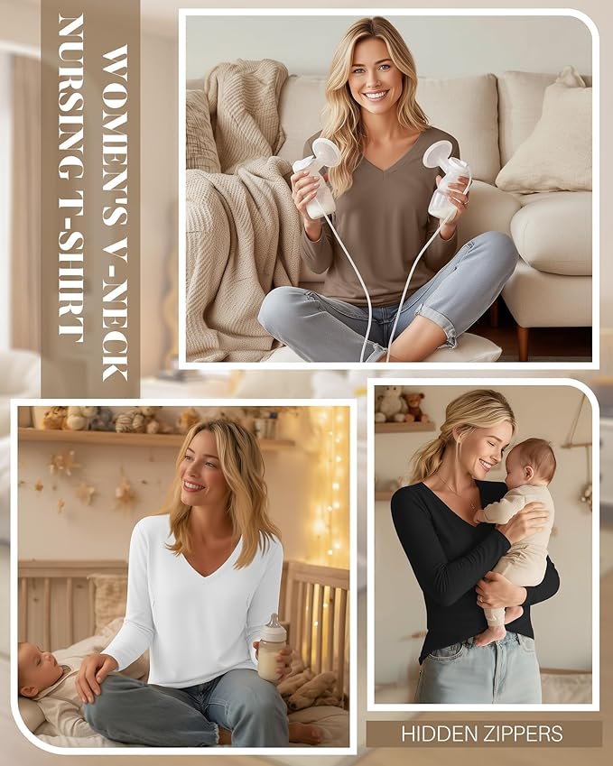 Huukeay 3 Pack Women's Long Sleeve Nursing Tops, Breastfeeding Hidden Zippers Shirts V Neck Maternity Pregnancy Tees Clothes