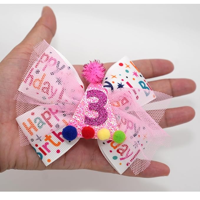 Birthday Hair Bow for Baby Girls 1 2 3 4 5 6 Years Sprinkle Decorations Party Pink Hair Accessories for Three 3rd Birthday Confetti Ice Cream