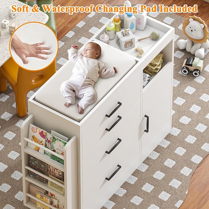 Bigbiglife Changing Table Dresser, Baby Nursery Dresser with 4 Drawers & 1 Cabinet & 3 Open Shelves Storage, Modern Diaper Changing Station for Children's Room, Changing Pad Included, White