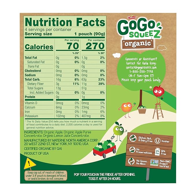GoGo squeeZ Organic Applesauce and Fruit Puree, Apple Apple, 3.2 oz (Pack of 48), Unsweetened Organic Fruit Snacks for Kids, Gluten Free, Nut Free and Dairy Free, Recloseable Cap, BPA Free Pouches