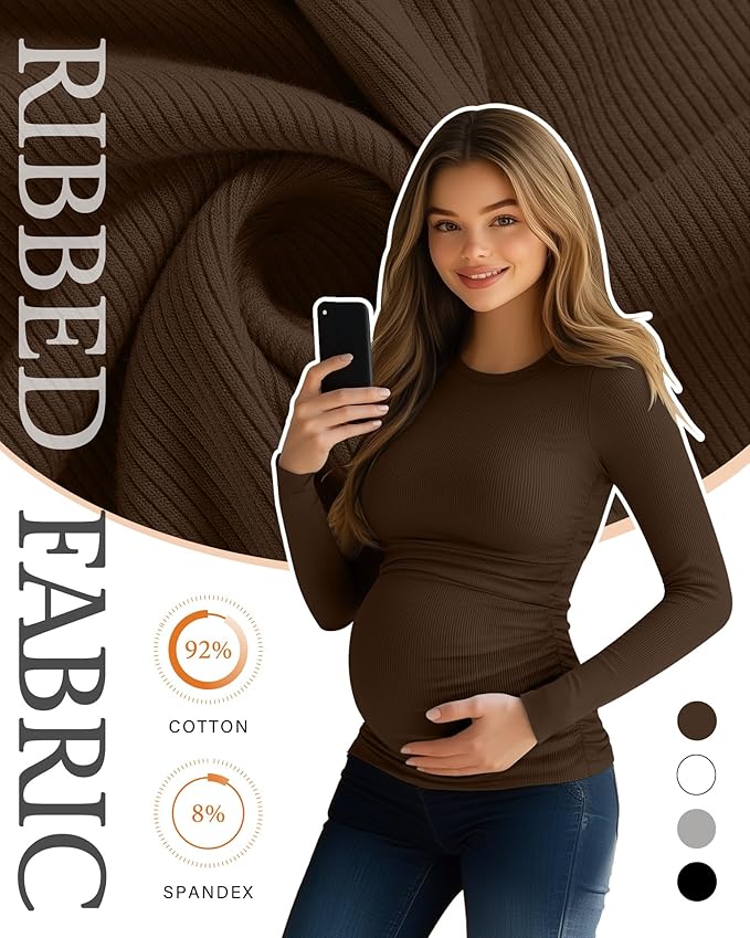Ficerd 4 Pack Women's Maternity Shirts Cotton Long Sleeve Ribbed Crew Neck Pregnancy Tops Side Ruched Casual Mama Clothes
