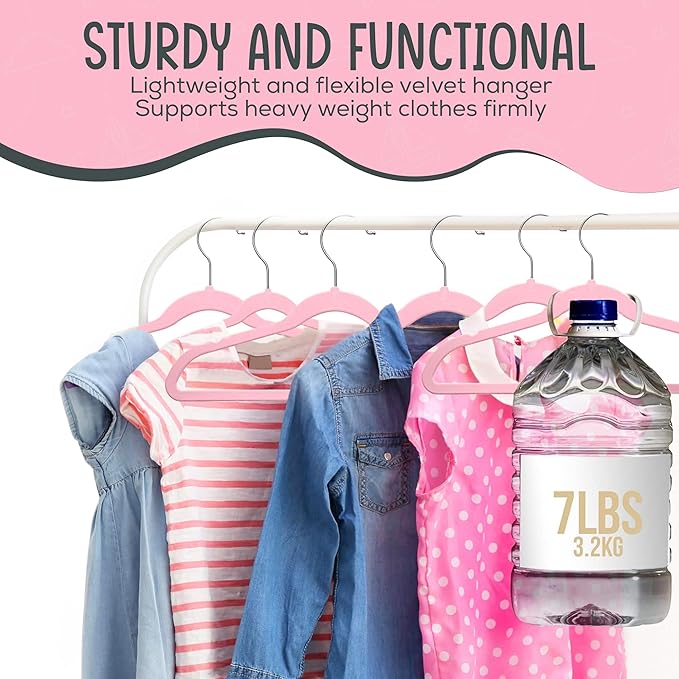 25 Premium Kids Velvet Hangers - 14" Non-Slip Clothes Hangers for Kids & Preteens - Ultra Slim, Space-Saving, Strong & Durable Hangers with 360° Swivel Hook - Pink