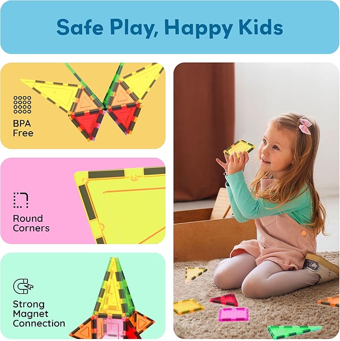 PicassoTiles Magnetic Tile Building Block Set with Squares and Triangles STEM Educational Construction Geometric Magnet Shape Kit for Brain Development Creativity and Learning for Kids Age 3 Plus PB12