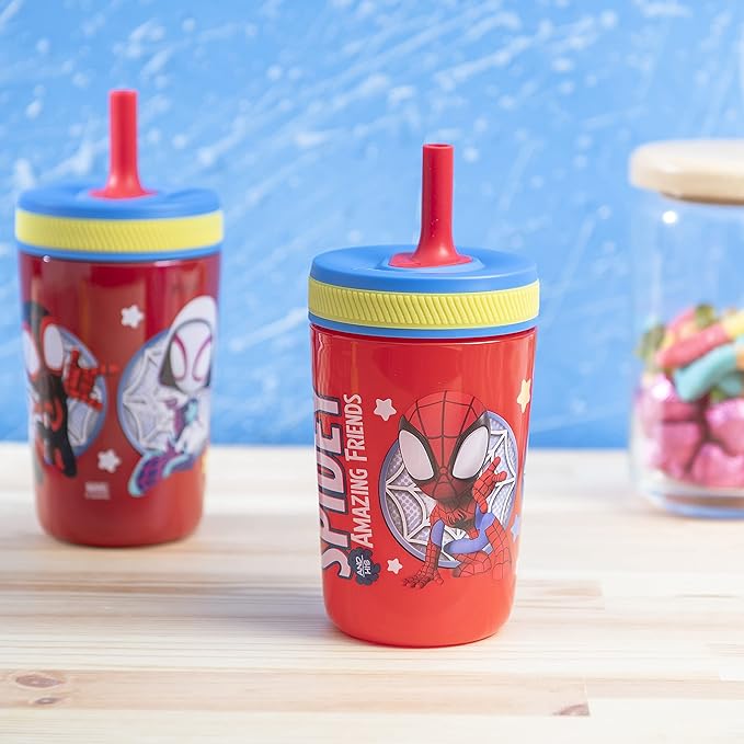 Zak Designs Spidey and His Amazing Friends Kelso Tumbler Set, Leak-Proof Screw-On Lid with Straw, Bundle for Kids Includes Plastic and Stainless Steel Cups with Bonus Sipper, 3pc Set, Non-BPA