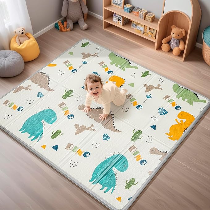 Foldable Baby Play Mat, PIGLOG Waterproof Playmats for Babies and Toddlers Kids, Safe Foam Playmat for Tummy Time, 50x50 Playpen Mat, Reversible Portable Baby Floor Mat for Infant, Toddler, Dinosaur