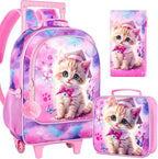 gxtvo Girls Rolling Backpack, Cute Cat Roller Wheels Kids Bookbag - Wheeled Elementary School Bag - 3PCS Cat