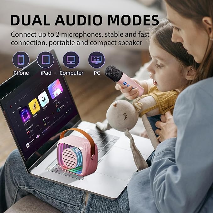 YF93 Mini Karaoke Machine for Kids with Bluetooth Speaker, 7 Voice-Changing Modes, Dual Microphones, Colorful LED Lights, TF Card Support, Portable Singing Gift for Children and Parties(Black)