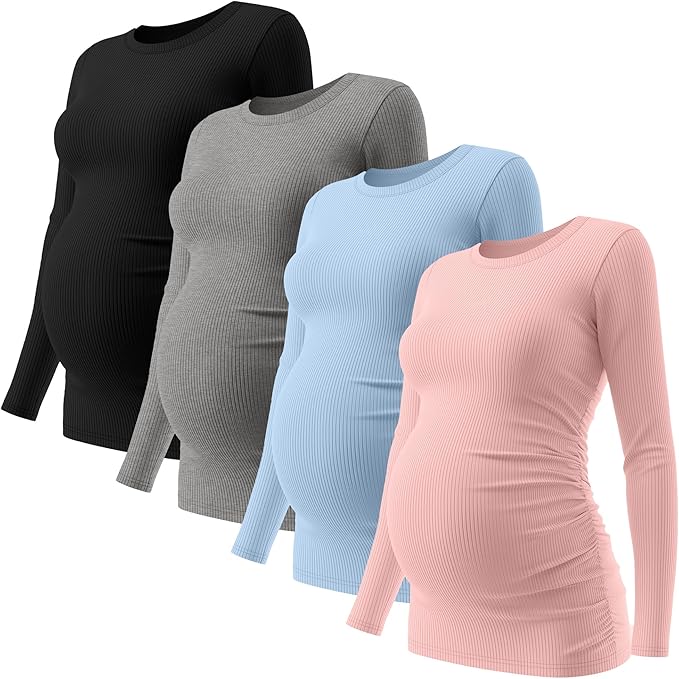 Ficerd 4 Pack Women's Maternity Shirts Cotton Long Sleeve Ribbed Crew Neck Pregnancy Tops Side Ruched Casual Mama Clothes