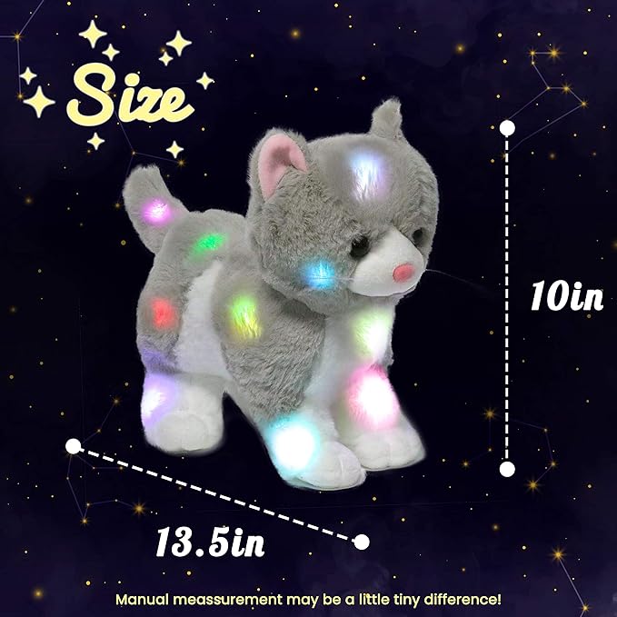 Hopearl LED Plush Kitty Lighting Up Stuffed Animal Cat Floppy Kitten Night Lights Glow in The Dark Birthday Festival for Kids Toddler Girls, Gray, 13.5''