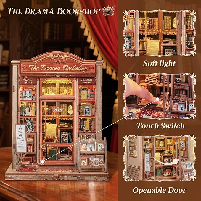 CUTEBEE Book Nook Kit - DIY Miniature House Dollhouse Kit for Adults and Teens, Booknook Tiny House Bookshelf Decor 3D Wooden Puzzle, Gifts for Family Friends (Drama Bookshop)