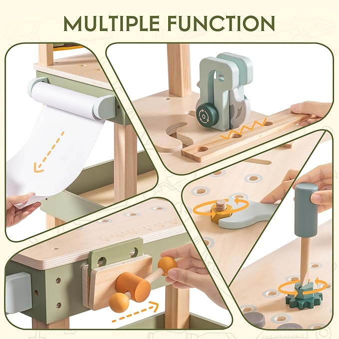 ROBOTIME Wooden Kids Tool Bench, Toddler Tool Bench - Toy Play Workbench Workshop with Tool Belt, Play Tools Set, Drawing Paper for Construction Play, Perfect for Kids Ages 3-5
