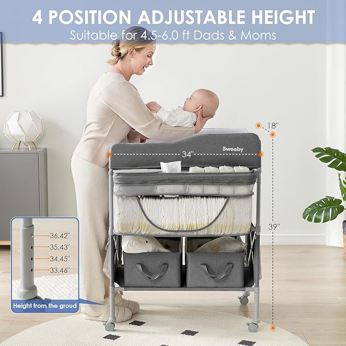 Sweeby Portable Baby Changing Table, Foldable Changing Table Dresser Changing Station for Infant, Waterproof Diaper Changing Table Pad Topper, Mobile Nursery Organizer for Newborn Essentials,Darkgrey