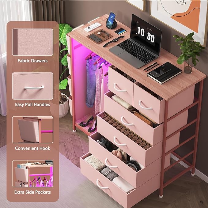 6 Drawer Dresser for Bedroom with Clothes Rack, Clothes Dresser with Side Pockets and Hooks, Charging Station & LED Lights, Wooden Top, Fabric Storage (Pink)