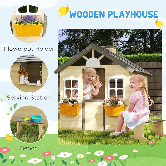 Outsunny Wooden Playhouse for Kids Outdoor Garden Pretend Play Games, Adventures Cottage, with Working Door, Windows, Bench, Service Station, Flowers Pot Holder, for 3-7 Years Old
