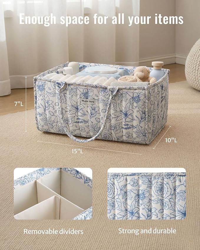 Blissful Diary Floral Diaper Caddy Organizer, Stylish Nursery Storage Basket, Gift for Baby Shower, Baby Registry Must Have, Newborn Essentials, Blue Floral