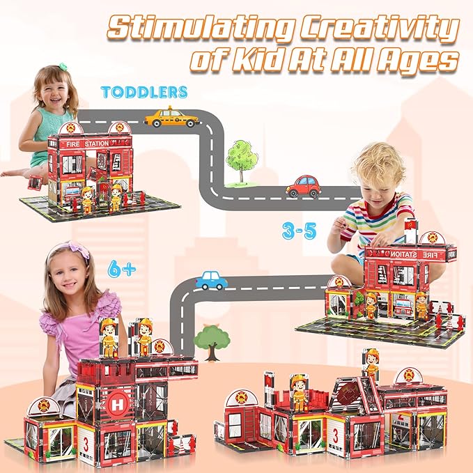 Magnetic Tiles, 50PCS Fire Station Theme Building Blocks Set, Magnet Building Blocks and STEM Preschool Toys for Toddlers Kids Ages 3-5 5-7 8-10