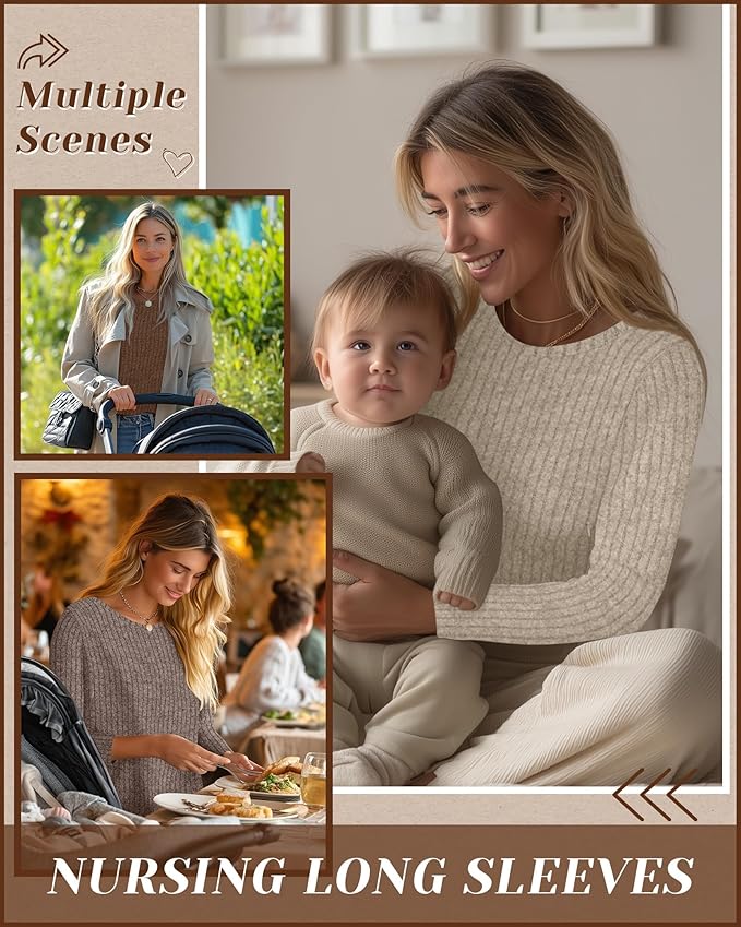 3 Pack Women's Nursing Long Sleeve Tops Breastfeeding Thermal Sweaters with Hidden Zipper Maternity Ribbed Shirts