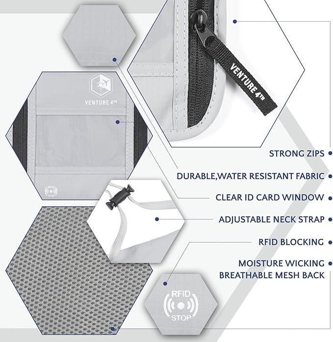 VENTURE 4TH Passport Holder Neck Wallet with RFID Blocking Nylon Lining - Hidden Neck Pouch for Travel (Silver)