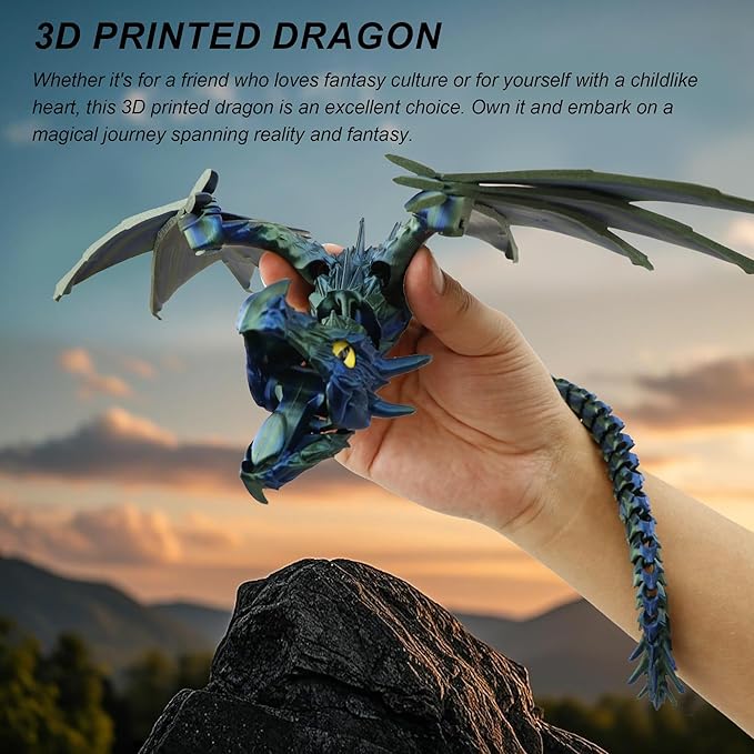 3D Printed Dragon with Wings, Fidget Dragon Toys, 3D Printed Animals, Flexible Articulated Winged Crystal Dragon Model,Home Office Decor Desktop Pet(Glistem Purple)