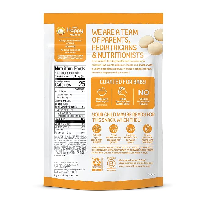 Happy Baby Organics Yogis Freeze-Dried Yogurt & Fruit Snacks, Banana & Mango, 1 Ounce Bag (Pack of 8) packaging may vary