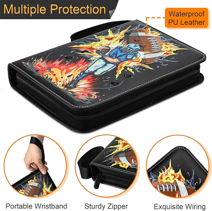 Football Card Binder, 4 Pocket Trading Card Binder with 50 Removable Sleeves Fits 400 Cards, Sports Card Collection Binder Album for Cards Book Organizer Boys Girls Toys Gift (Blast 4 Pocket)