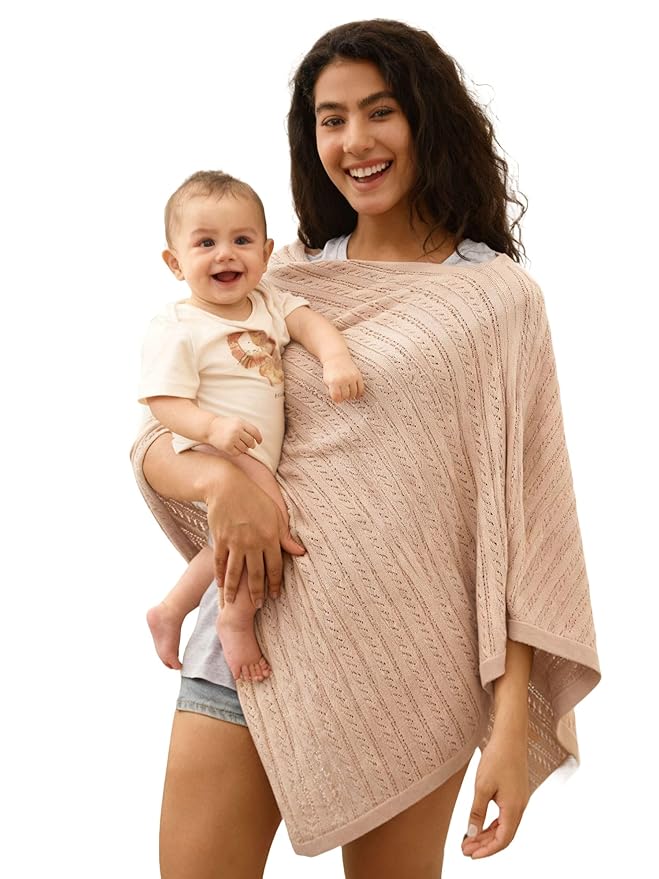 Nursing Cover for Breastfeeding Knit Multi-Use Feeding Shawl Lightweight 360°Full Coverage Nursing Poncho Postpartum Essentials Wheat