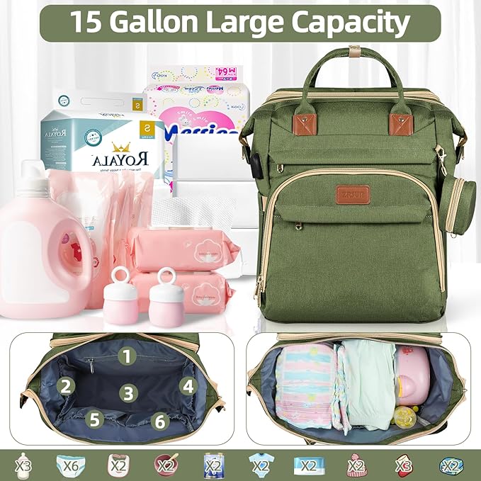 Baby Diaper Bag Backpack,Baby Shower Gifts, Multifunctional Travel Diaper Bag, Gifts for Mom with Portable Diaper Pad (Green)