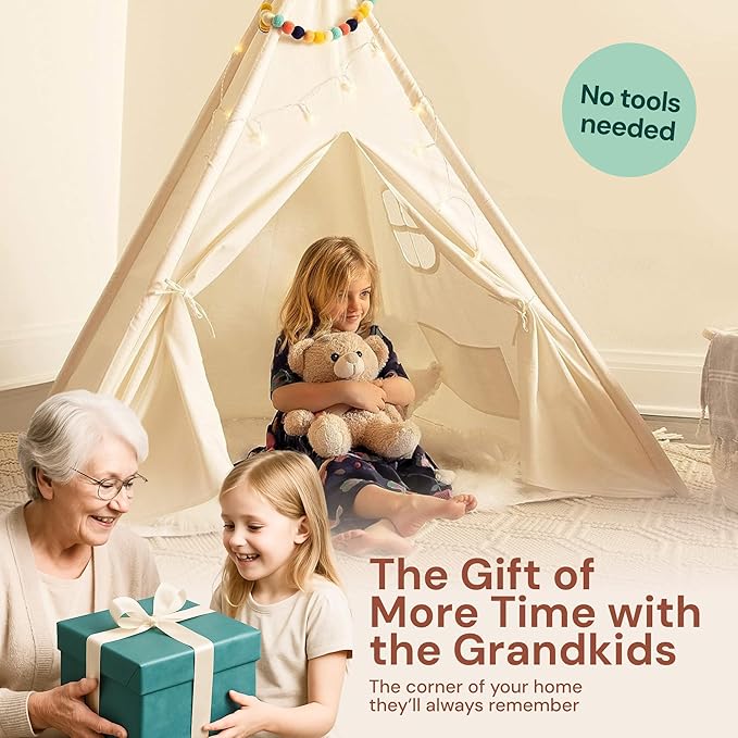 PlayVibe Kids Teepee Canopy - Baby & Toddler Play Shelter with LED Star Lights, Cozy Reading Nook, Party Canvas for Indoor Outdoor Fun - Tent for Kids - Play Tent