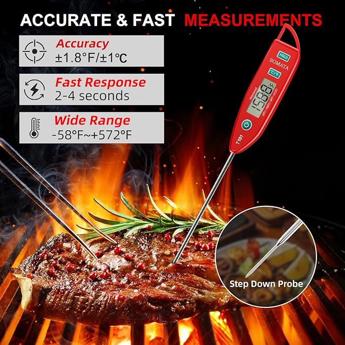 BOMATA Waterproof IPX7 Thermometer for Water, Liquid, Candle and Cooking. Instant Read Food Thermometer with Long Probe for Cooking, Meat, BBQ! T101 (Red Color)………