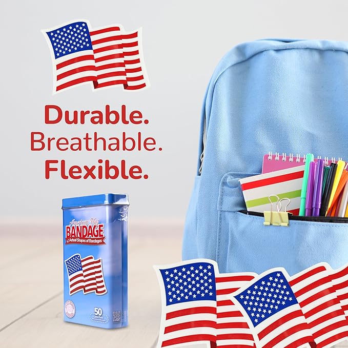 BioSwiss Bandages, American Flag Shaped Self Adhesive Bandage, Latex Free Wound Care, Fun First Aid Kit Supplies for Kids and Adults, 50 Count
