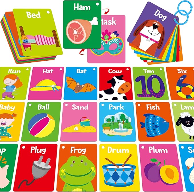 52 PCS Word Flashcards, 52 CVC Words & 52 CVCC, CCVC Words Double-Sided Cards with 2 Rings, Vocabulary Phonics Learning, Educational Tool for Preschool, Kindergarten, Toddlers