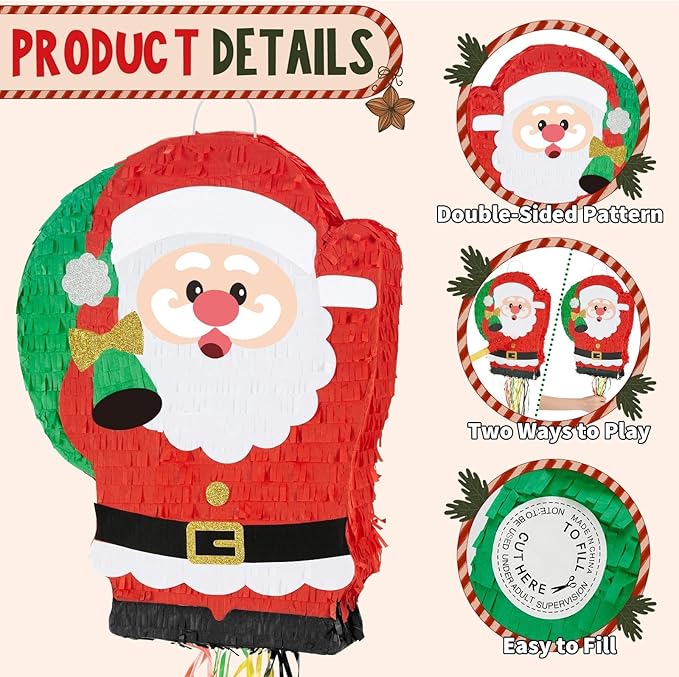WERNNSAI Christmas Piata Large Pull String With Blindfold Bat - Cute Santa for Party Games, Red Decorations 16.5" x 12.4" - Gifts for Kids