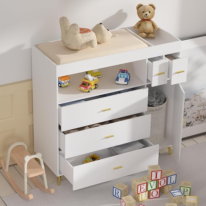 PAKASEPT Changing Table with Drawers, Changing Table Dresser with 5 Drawer & Cabinet
