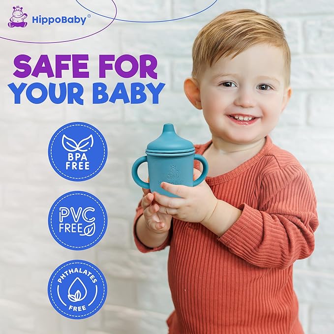 Silicone Transition Sippy Cup for 6+ month old | Includes 1 Toddler straw cup & 1 Baby Sippy Cup with Handles 5 oz | Perfect for Baby Led Weaning (Rose Quartz/SKy, 5 oz)