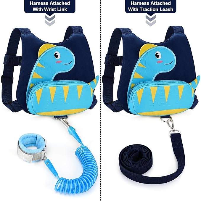 Accmor Toddler Harness with Leash, Cute Dinosaur Kids Leashes + Anti Lost Wrist Link, Children Walking Harnesses Tether Restraint Belt, Keep Child Close Hand Strap for Baby Boys Girls Outdoor Travel