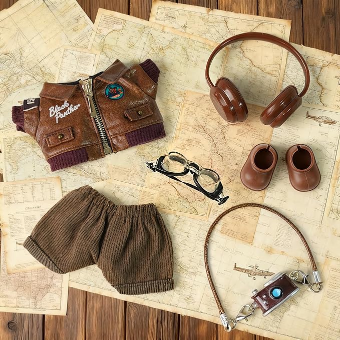 6-Piece 17cm Doll Clothes and Accessories, Retro Style Labu-Clothes-bu with Headphones/Glasses/Leather Jacket/Pants/Shoes/Camera