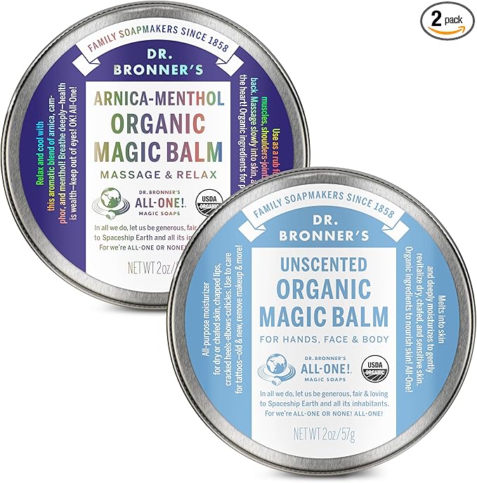 Dr. Bronner's - Organic Magic Balm (2 oz Variety Pack) Arnica-Menthol & Baby Unscented - Made with Organic Beeswax & Hemp Oil, Moisturizes and Soothes Hands, Face & Body | 2 Count