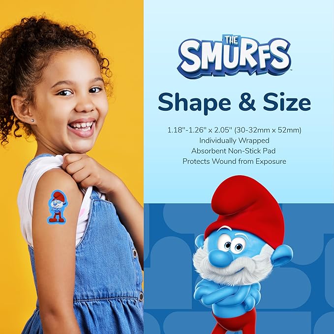 BioSwiss Bandages, The Smurfs Shaped Self Adhesive Bandage, Latex Free Sterile Wound Care, Fun First Aid Kit Supplies for Kids and Adults, 100 Count Box
